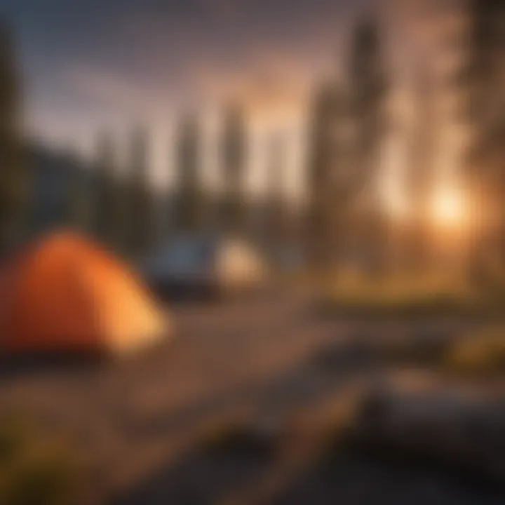 Wide view of a campsite with tents and breathtaking sunset