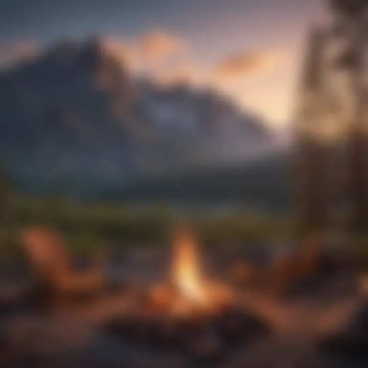 Campfire glowing at dusk with mountain backdrop