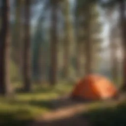 Serene view of a campsite nestled among pine trees