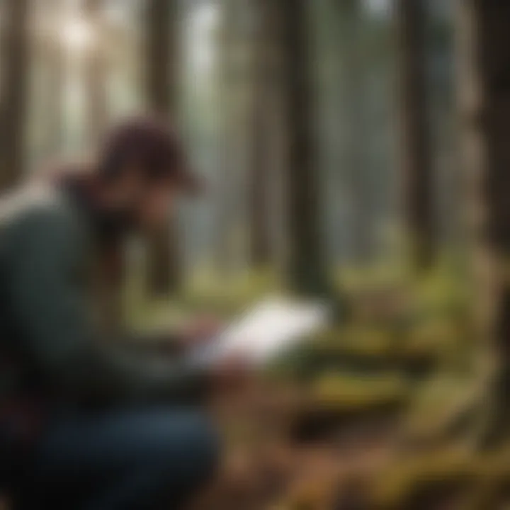 A researcher analyzing data in a forestry setting.