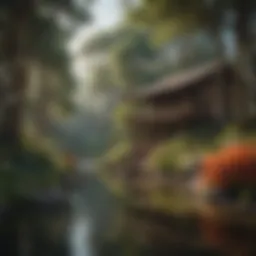 A serene view of the lodge surrounded by lush forest
