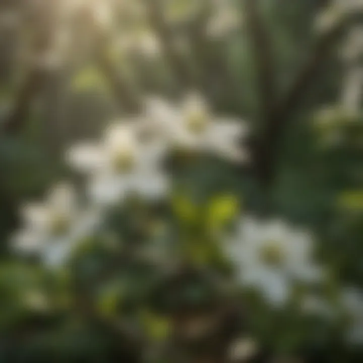 A close-up of the delicate flowers of a dwarf dogwood tree in bloom