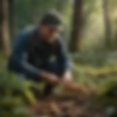 An expert forager examining mushrooms for identification in a lush garden.