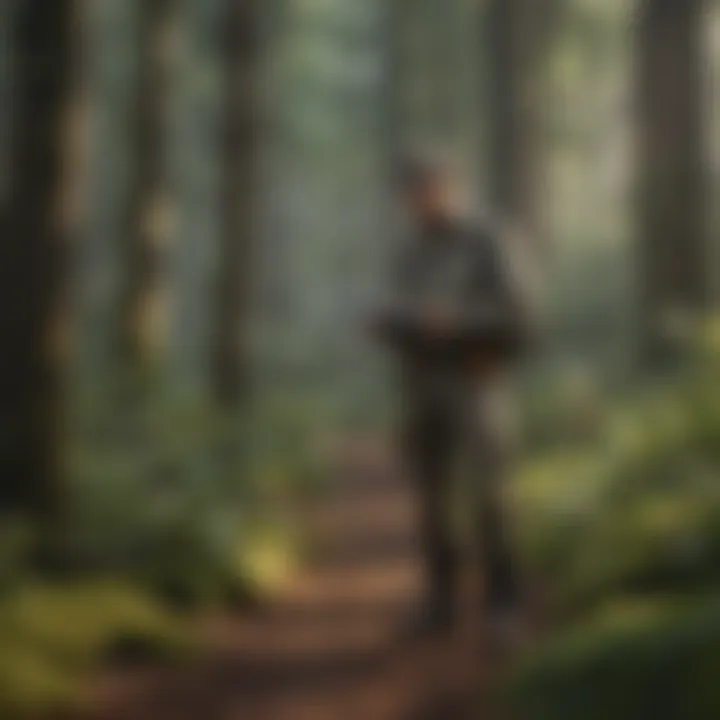 A ranger inspecting wildlife habitats in a lush forest
