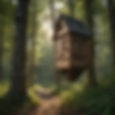 A lush woodland scene with bat houses integrated into the environment