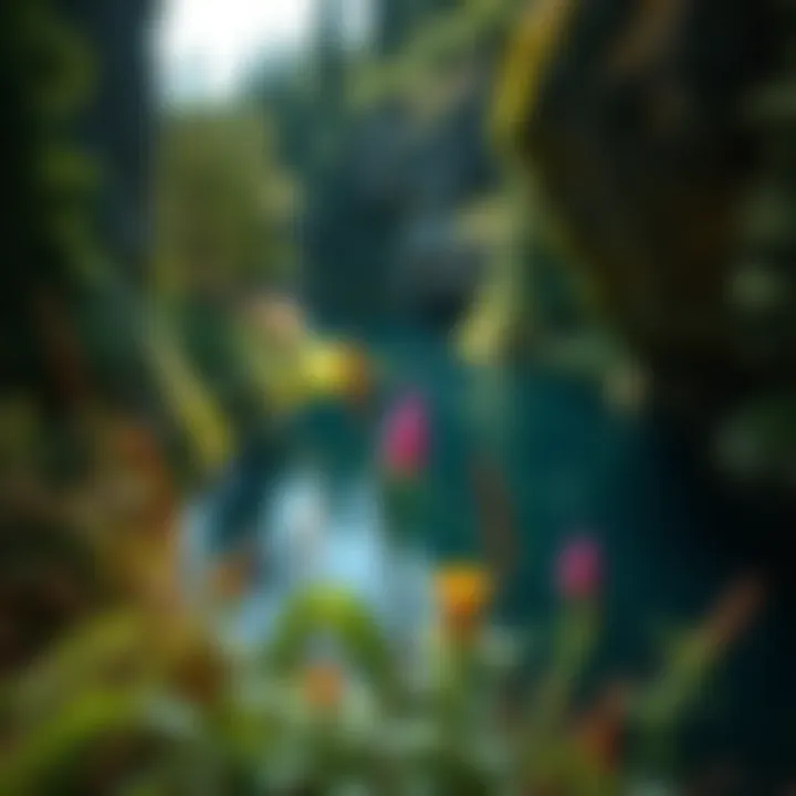Diverse Flora Surrounding a Hanging Lake Close-up of diverse flora thriving near a hanging lake