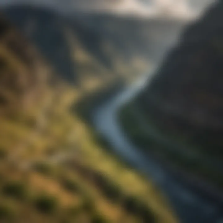 Dramatic view of Hells Canyon with river winding through