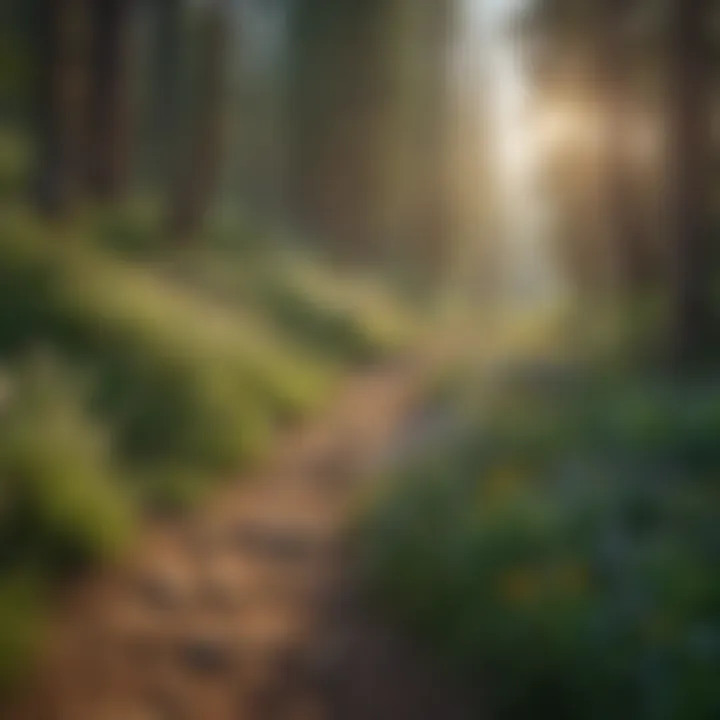 A winding trail surrounded by lush green trees and wildflowers in bloom.