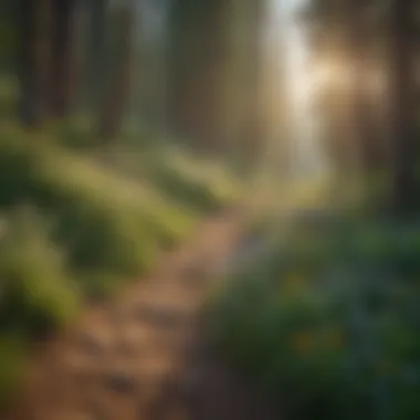 Winding Trail with Wildflowers A winding trail surrounded by lush green trees and wildflowers in bloom.