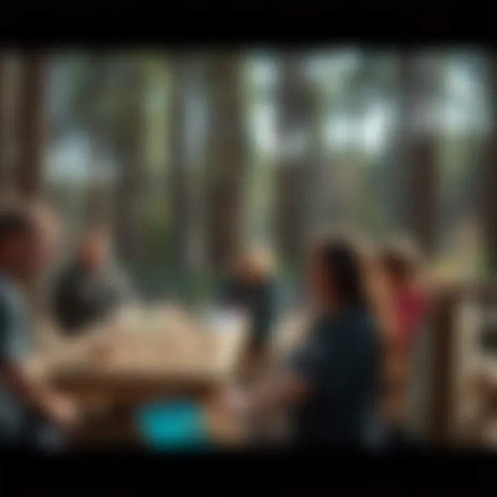 Community Engagement in Sustainable Forestry An educational workshop in a woodland setting illustrating community engagement in forestry practices.