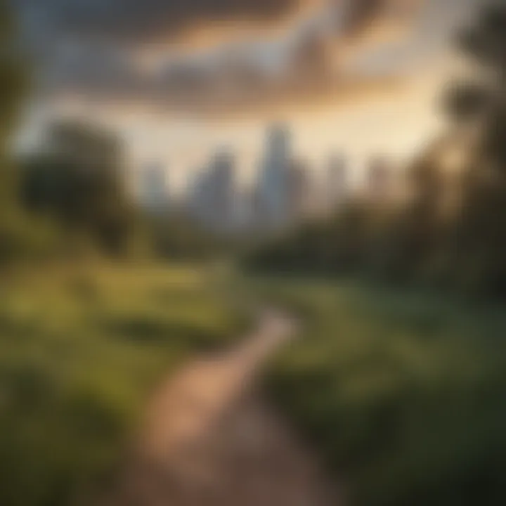 A panoramic view of a Houston trail with city skyline in the background