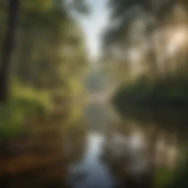 A tranquil lake viewed from a hiking trail