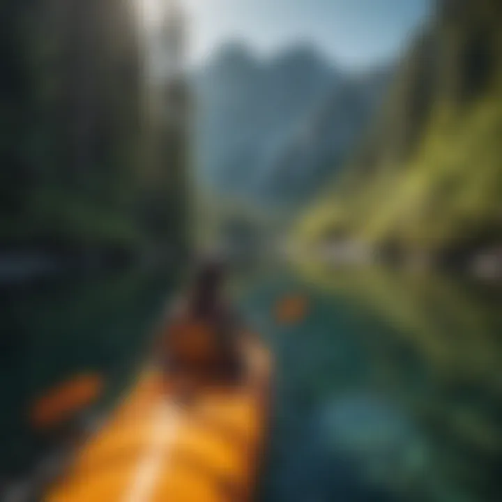 A kayaker gliding through crystal-clear waters with mountains in the background