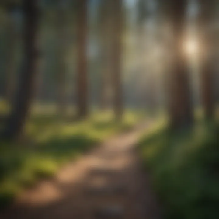 A serene hiking trail winding through the dense forest.