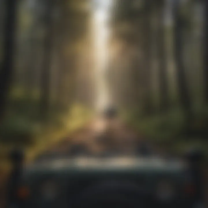 Jeep navigating through a dense forest path