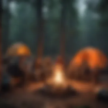 Group campsite with a campfire