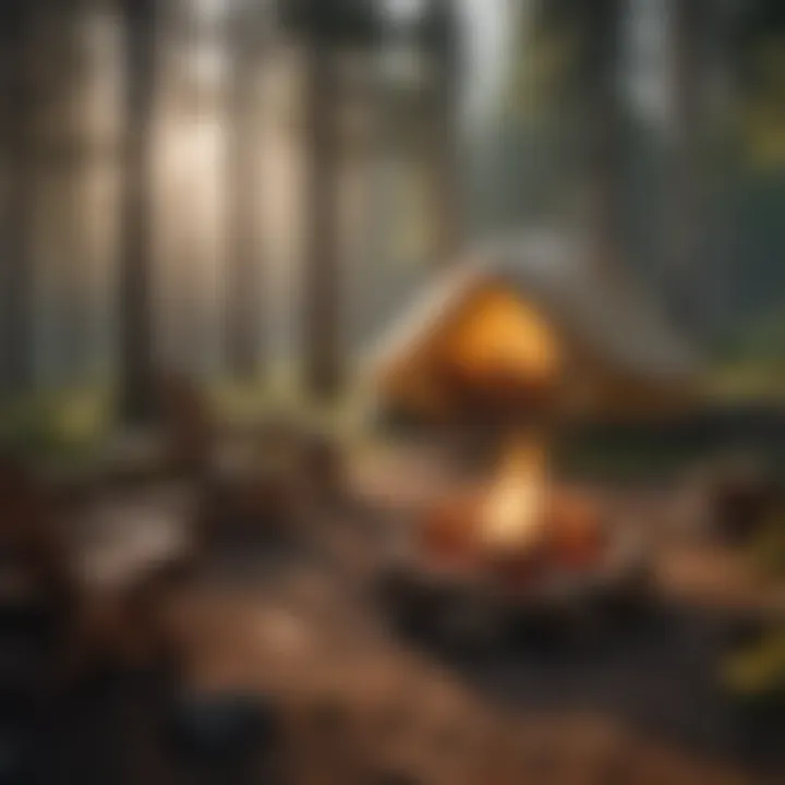 A cozy campsite featuring a tent, campfire, and scenic forest backdrop.