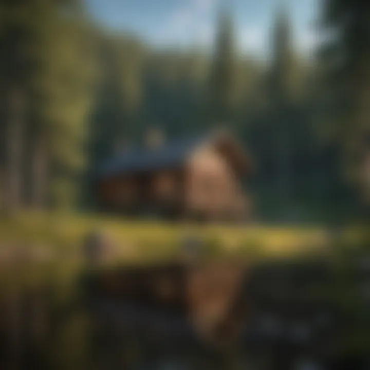 Scenic view of Polebridge's rustic cabins surrounded by dense forest.