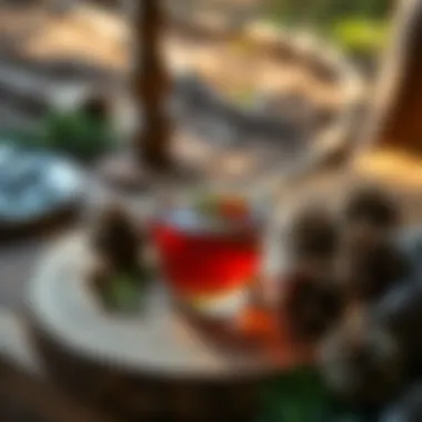 A rustic cup of pine needle tea placed on a wooden table surrounded by pinecones