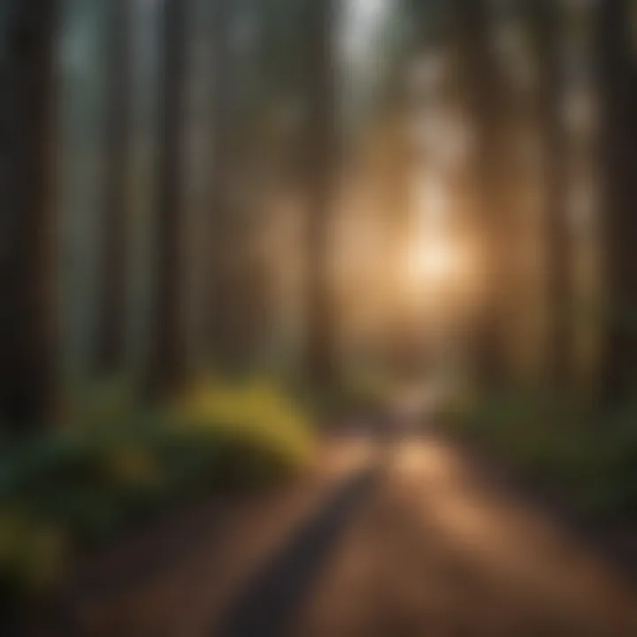 A serene sunset illuminating a biking trail in a redwood forest