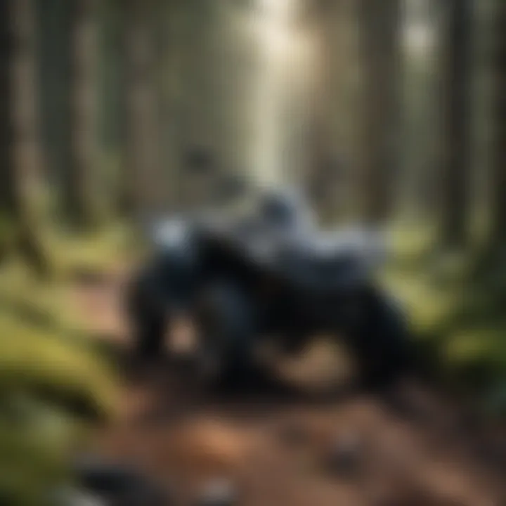 Close-up of an ATV navigating through forested terrain