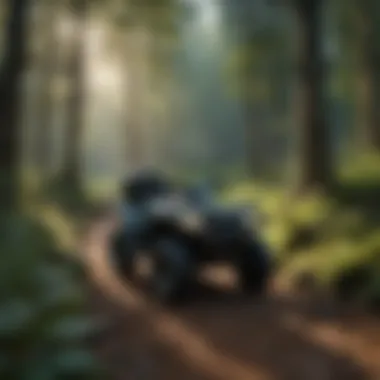 Scenic view of a woodland with an ATV parked on a trail