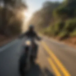 Panoramic view of a motorcycle cruising on a coastal road in San Diego