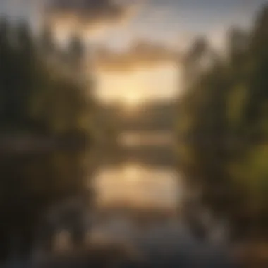 A tranquil lake reflecting the sky at sunset, framed by wooded hills