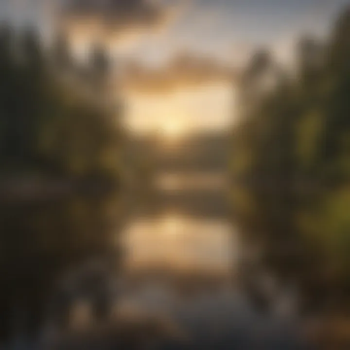 A tranquil lake reflecting the sky at sunset, framed by wooded hills