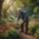 A serene garden scene where seniors engage in seasonal planting activities