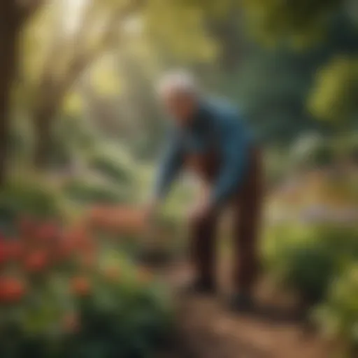 A serene garden scene where seniors engage in seasonal planting activities