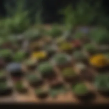 Close-up of a variety of sedative herbs on a wooden table