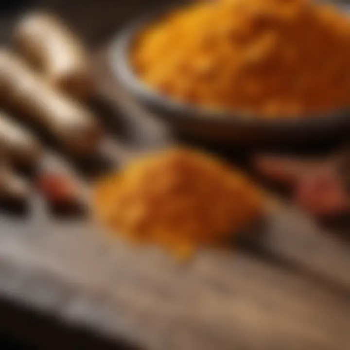 Golden turmeric roots and powder on a wooden table