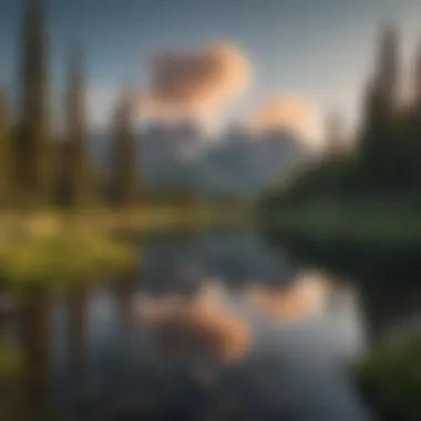 A serene alpine lake surrounded by towering peaks