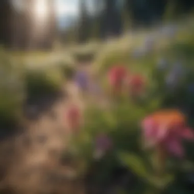 A close-up of wildflowers blooming along a hiking trail