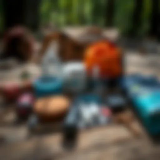 Essential items for a backpacking poop kit laid out on a wooden surface