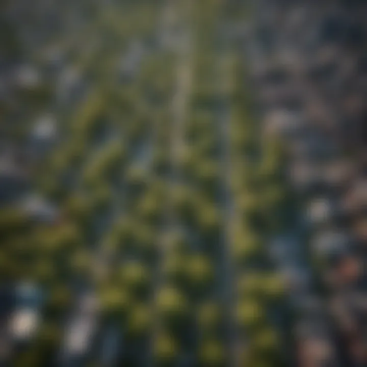 An aerial view of a city showcasing green spaces and tree canopies.