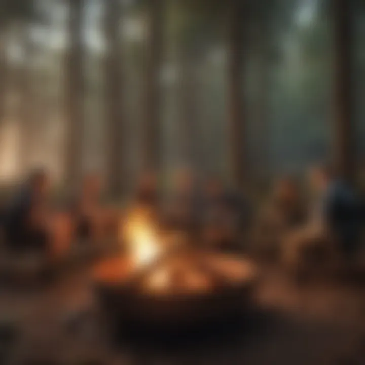 Campers enjoying a communal fire pit surrounded by nature