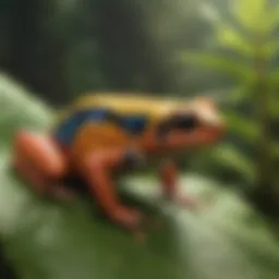 Brightly colored poison dart frog perched on a leaf