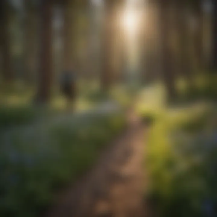 A hiker traversing a lush forest path lined with wildflowers