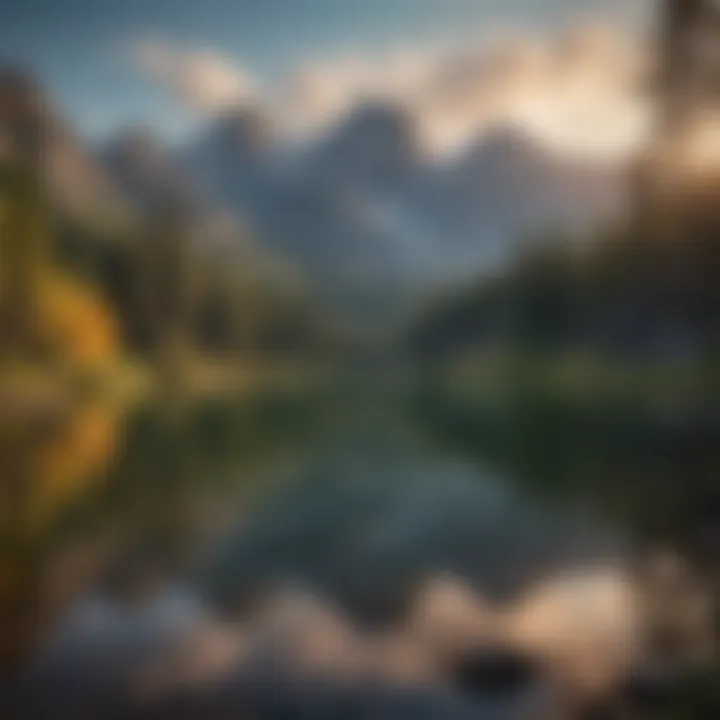 A serene lake reflecting the surrounding mountains and trees