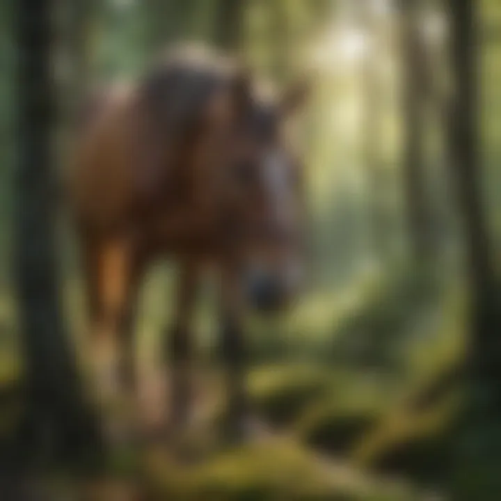 A close-up of a horse grazing in a lush forest clearing