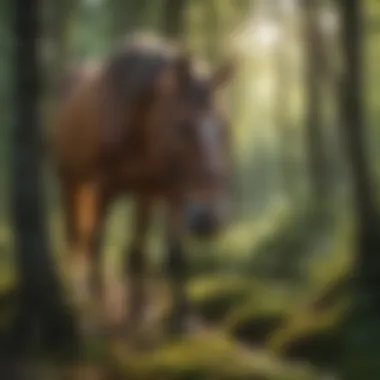 Horse Grazing in a Verdant Woodland Clearing A close-up of a horse grazing in a lush forest clearing