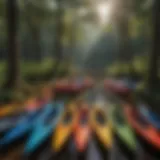A selection of used kayaks displayed for sale in a Houston marketplace.