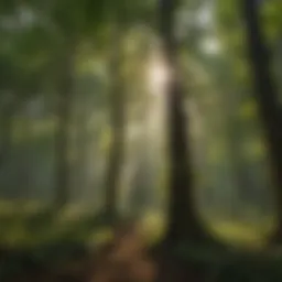 Lush green forest canopy with sunlight filtering through leaves