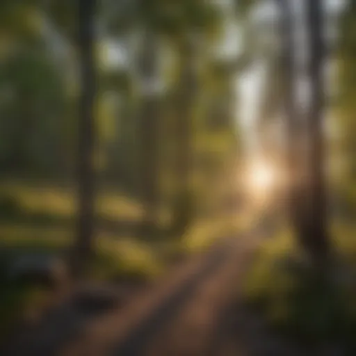 A serene view of the Palisade Campground at dusk, showcasing the interplay of light and shadow among the trees.