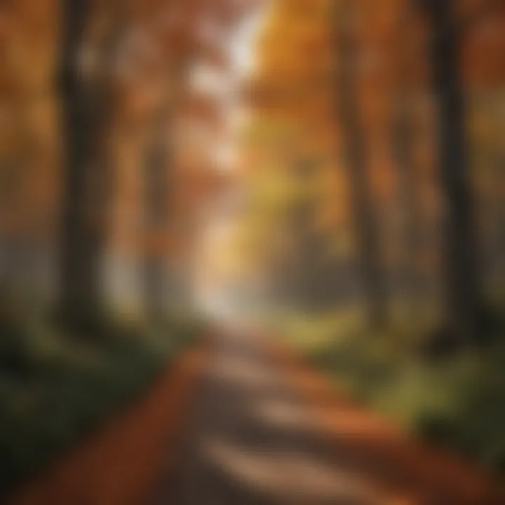 A picturesque forest path adorned with falling leaves