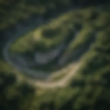 An aerial view showcasing the winding paths of Rock House Trail surrounded by lush greenery.