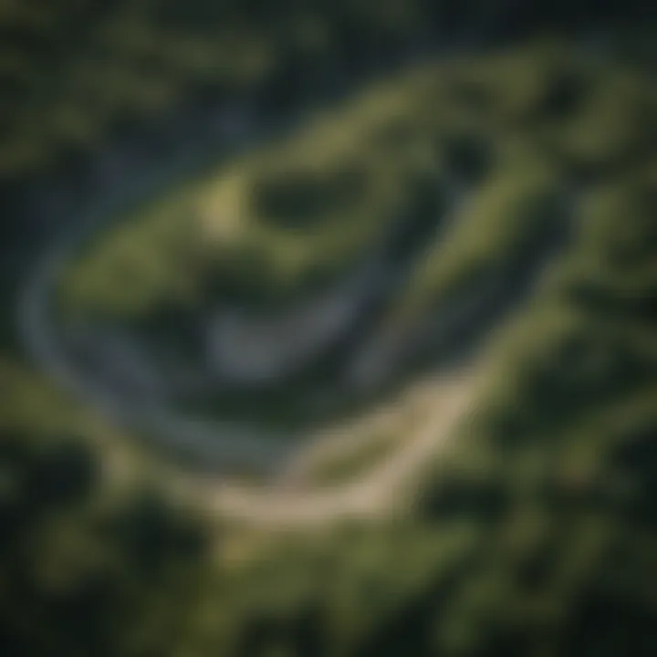 An aerial view showcasing the winding paths of Rock House Trail surrounded by lush greenery.