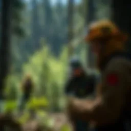 Job Corps participants engaged in firefighting training amidst lush forestry